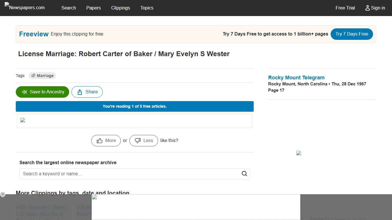 License Marriage: Robert Carter of Baker / Mary Evelyn S Wester - Newspapers.com™