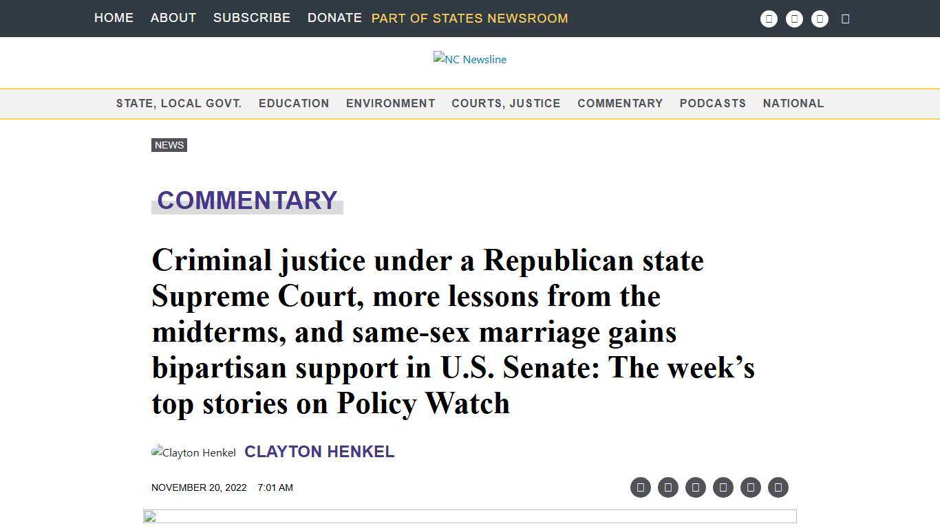 Criminal justice under a Republican state Supreme Court, more lessons from the midterms, and same-sex marriage gains bipartisan support in U.S. Senate: The week's top stories on Policy Watch • NC Newsline